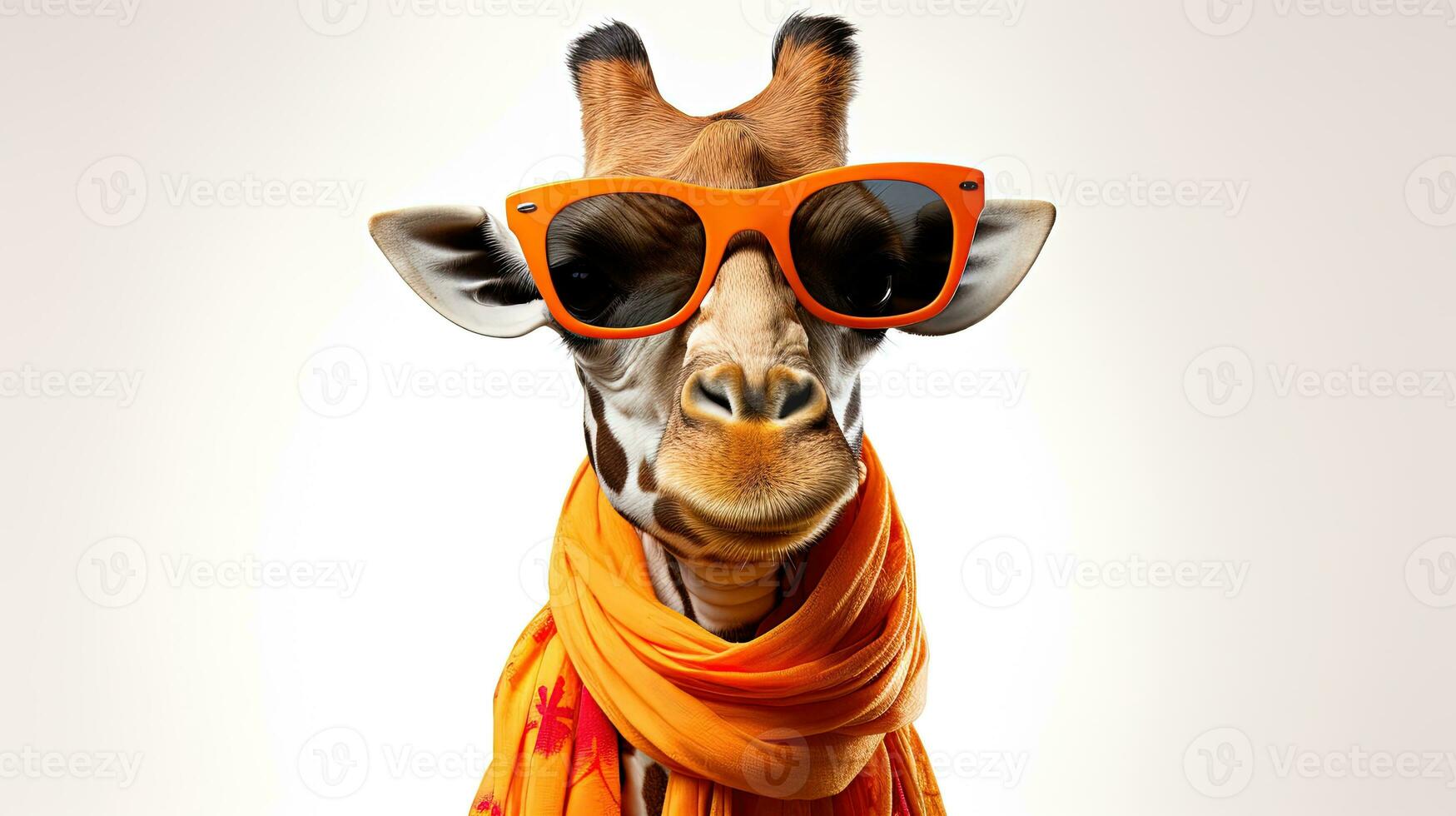 girafe portant des lunettes de soleil et Orange écharpe isolé sur gris Contexte. ai génératif photo