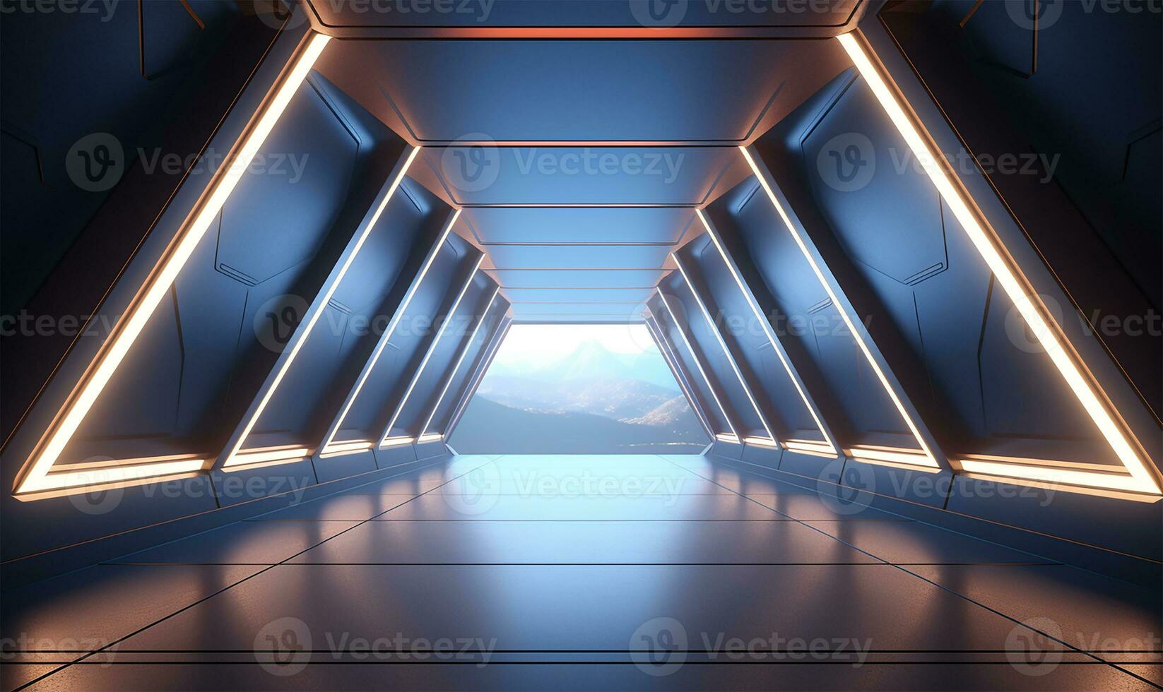 vide longue lumière couloir conçu comme une futuriste science-fiction Triangle tunnel. ai généré photo