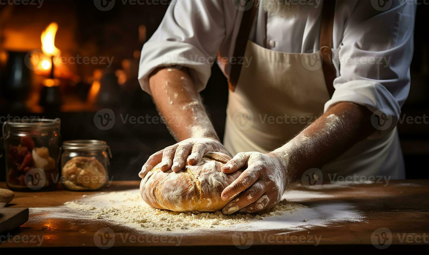 fermer se concentrer sur une boulanger mains comme elles ou ils habilement pétrir le pâte. ai généré photo