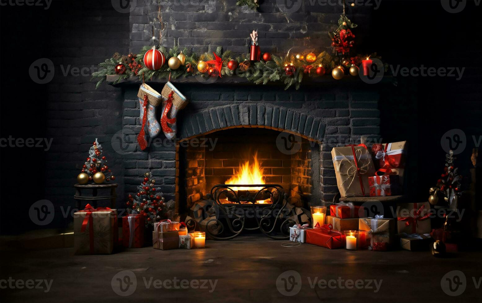 cheminée orné avec Noël décorations. ai généré photo