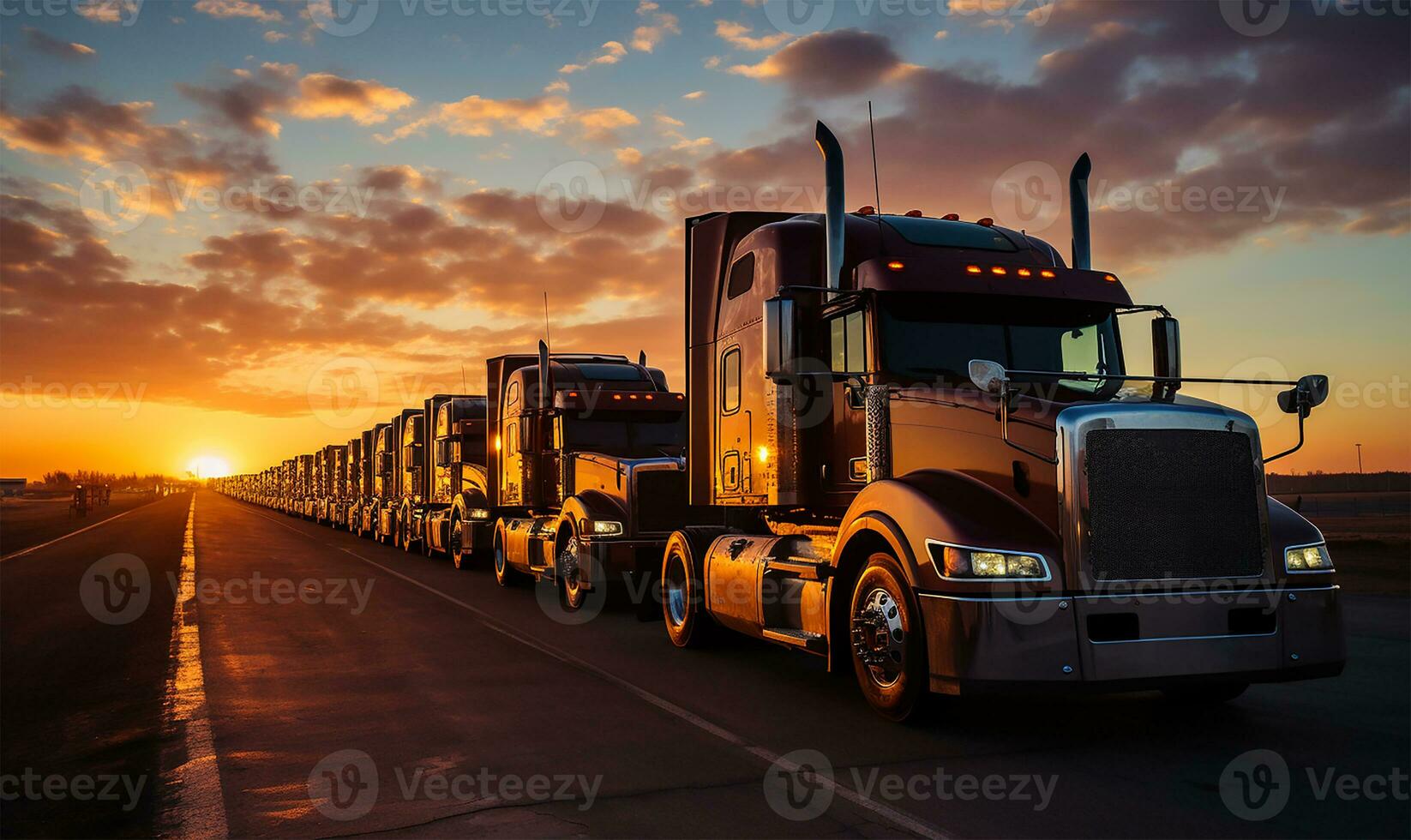 une rangée de garé camions, silhouette contre le toile de fond de une radiant lever du soleil. ai généré photo