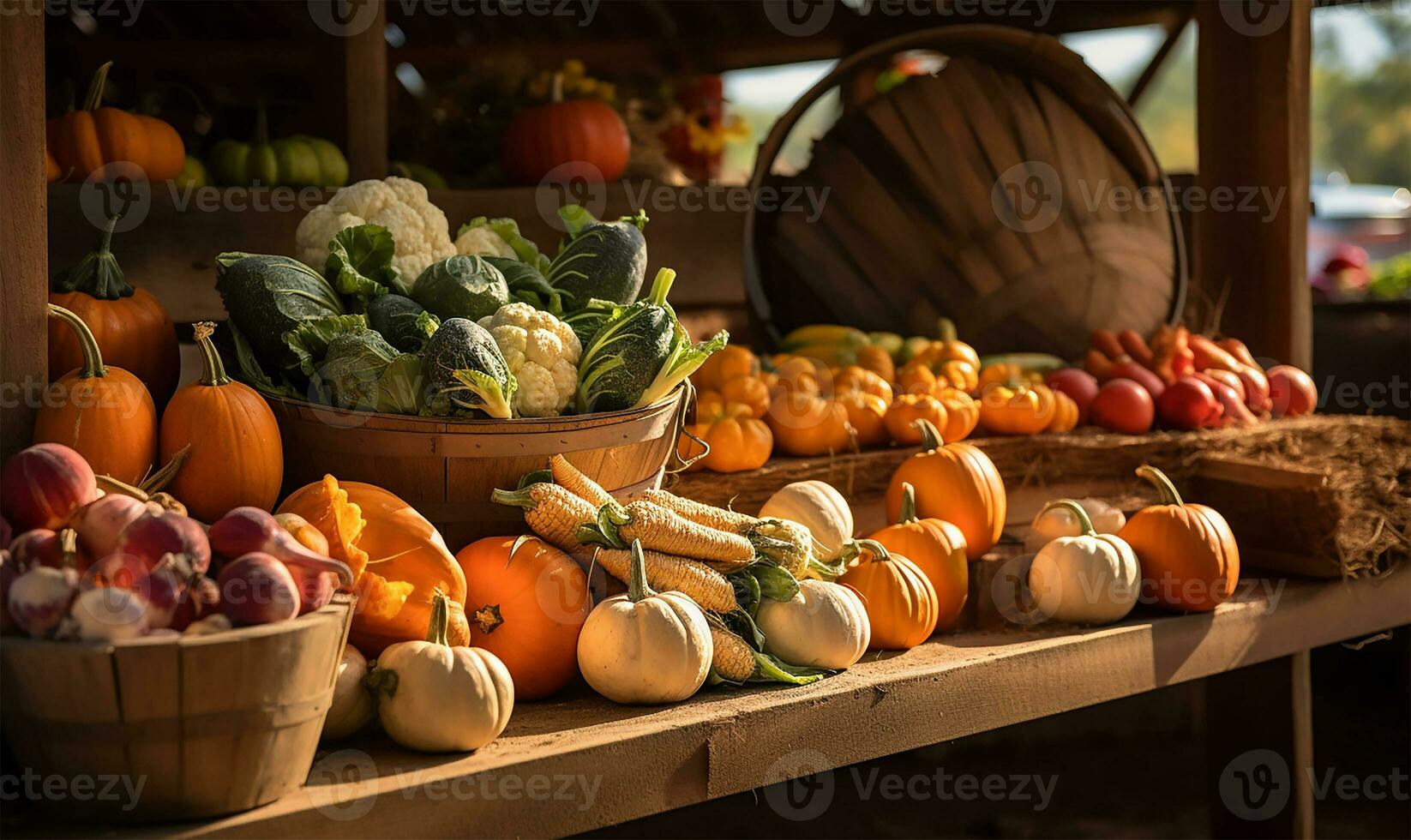 animé tomber Les agriculteurs marché débordant avec une coloré tableau de citrouilles et Frais automnal des légumes. ai généré photo