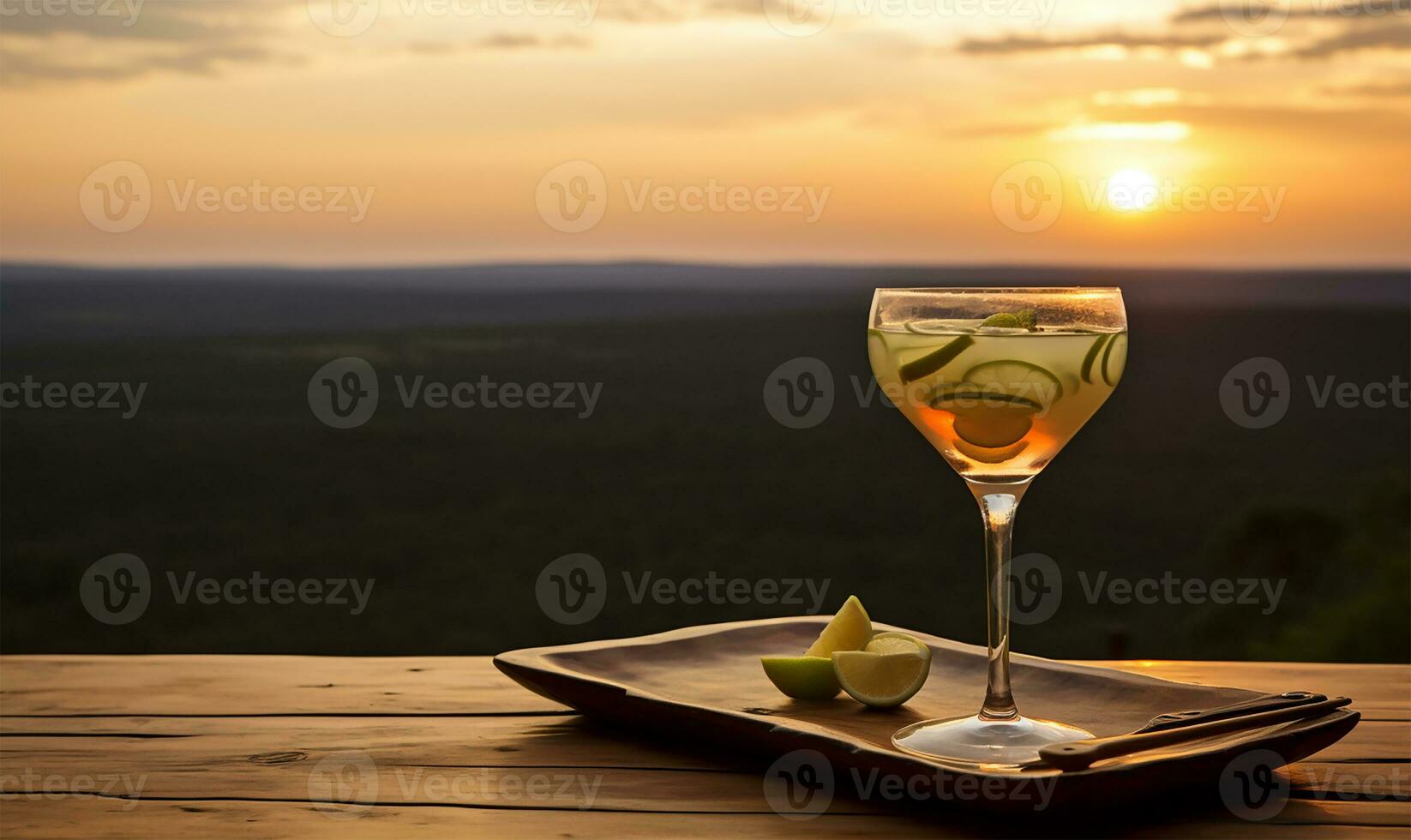 cocktail sur une en bois plate-forme surplombant le africain savane safari paysage. ai généré photo