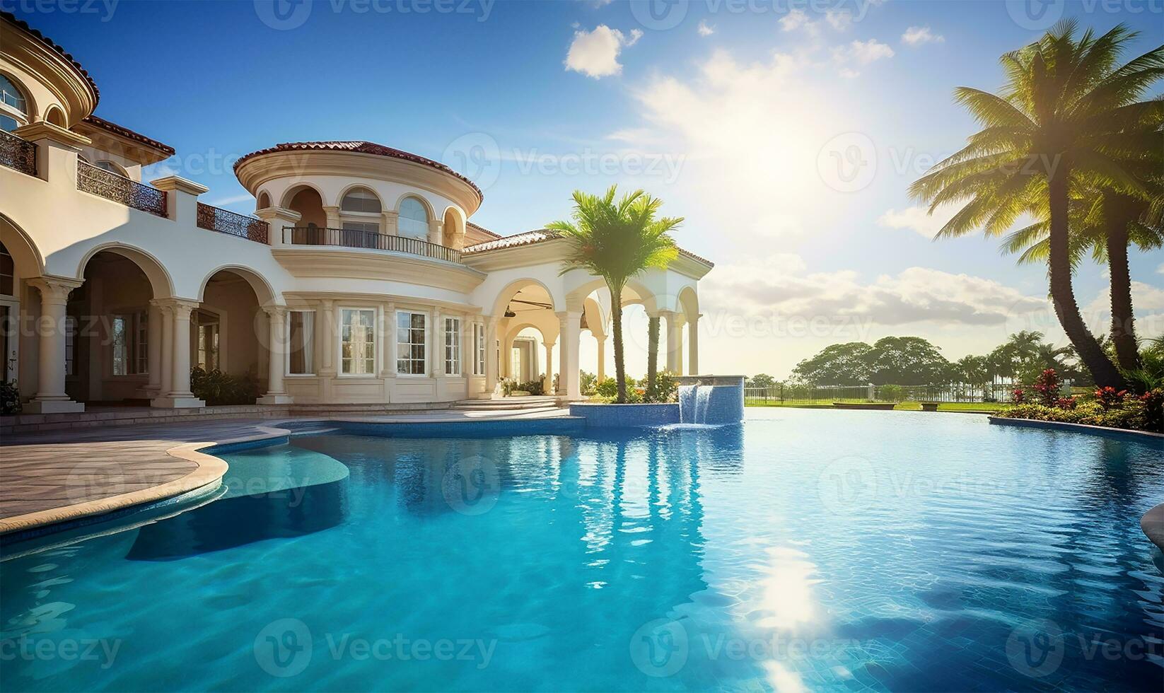 étourdissant Accueil extérieur baigné dans lumière du soleil, accompagné par une vaste nager bassin cette scintille en dessous de le clair bleu ciel. ai généré photo