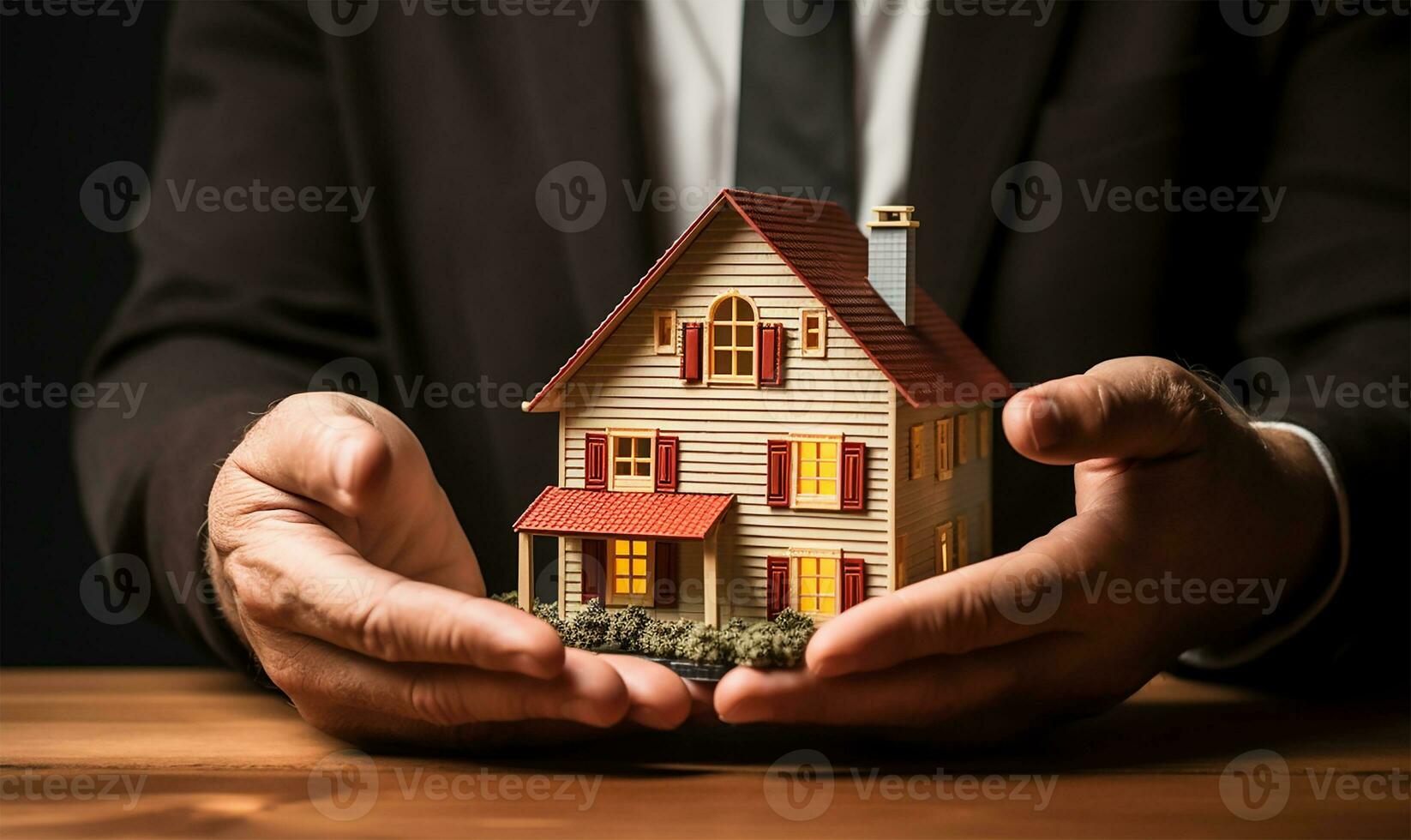 homme en portant une détaillé modèle de une maison dans le sien mains. ai généré photo