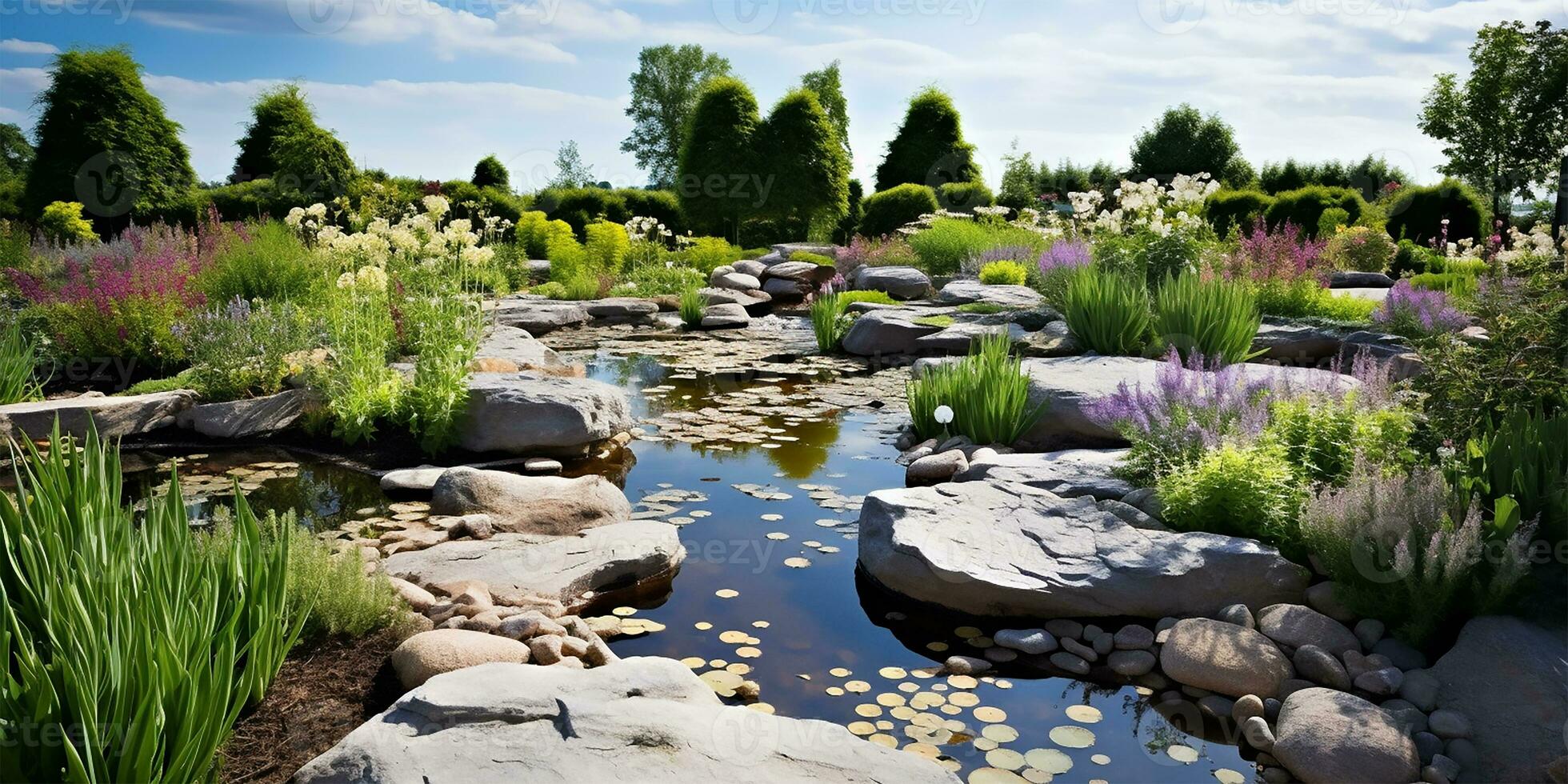 paysage vue de une méticuleusement conçu privé Roche jardin. ai généré photo