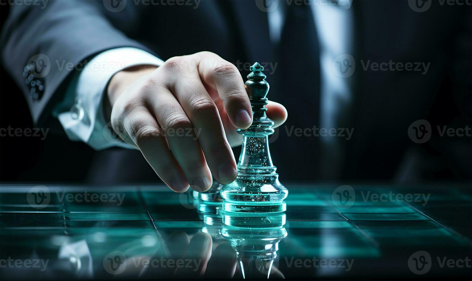 homme d'affaires main habilement manœuvrer une échecs pièce sur une détaillé échecs planche. ai généré photo