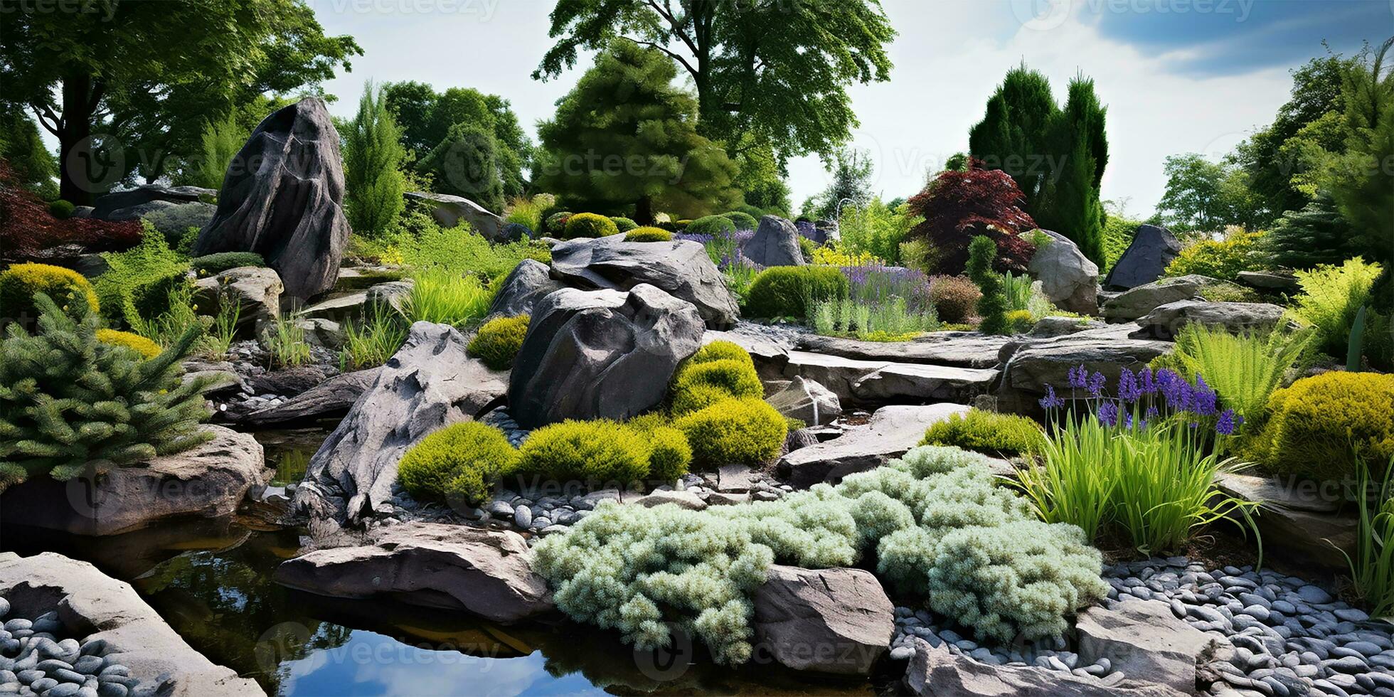 paysage vue de une méticuleusement conçu privé Roche jardin. ai généré photo