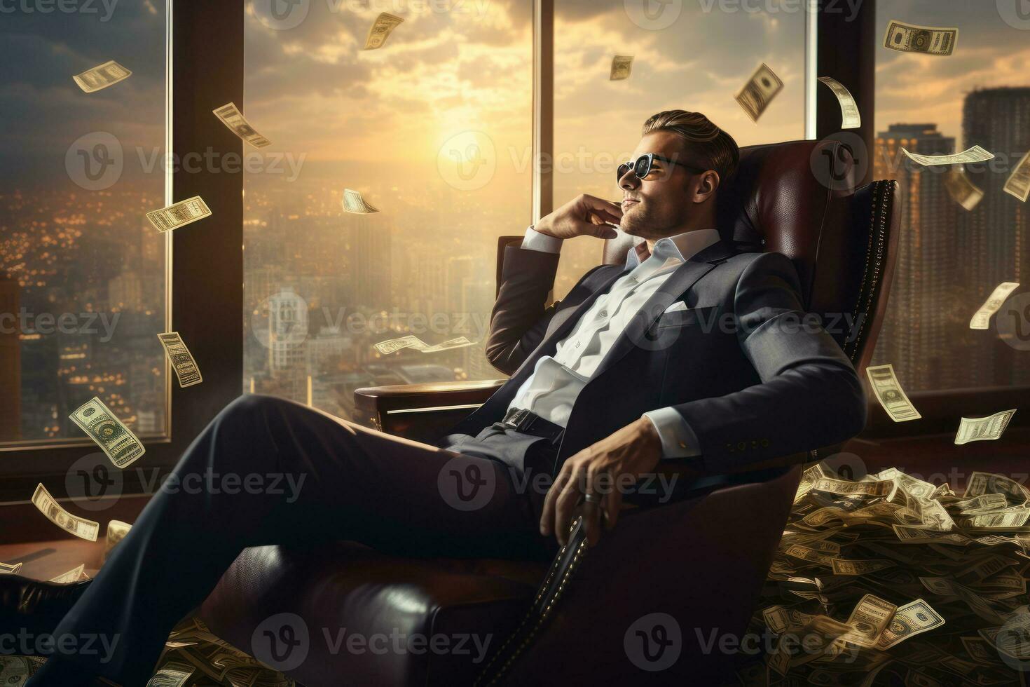 riches homme permanent dans le sien Bureau avec tonnes de argent - génératif ai photo