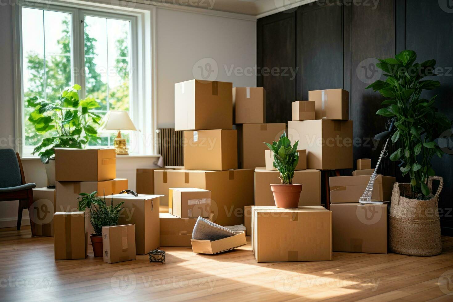 bouge toi concept. papier carton des boites et nettoyage des choses pour en mouvement dans une Nouveau maison. génératif ai photo