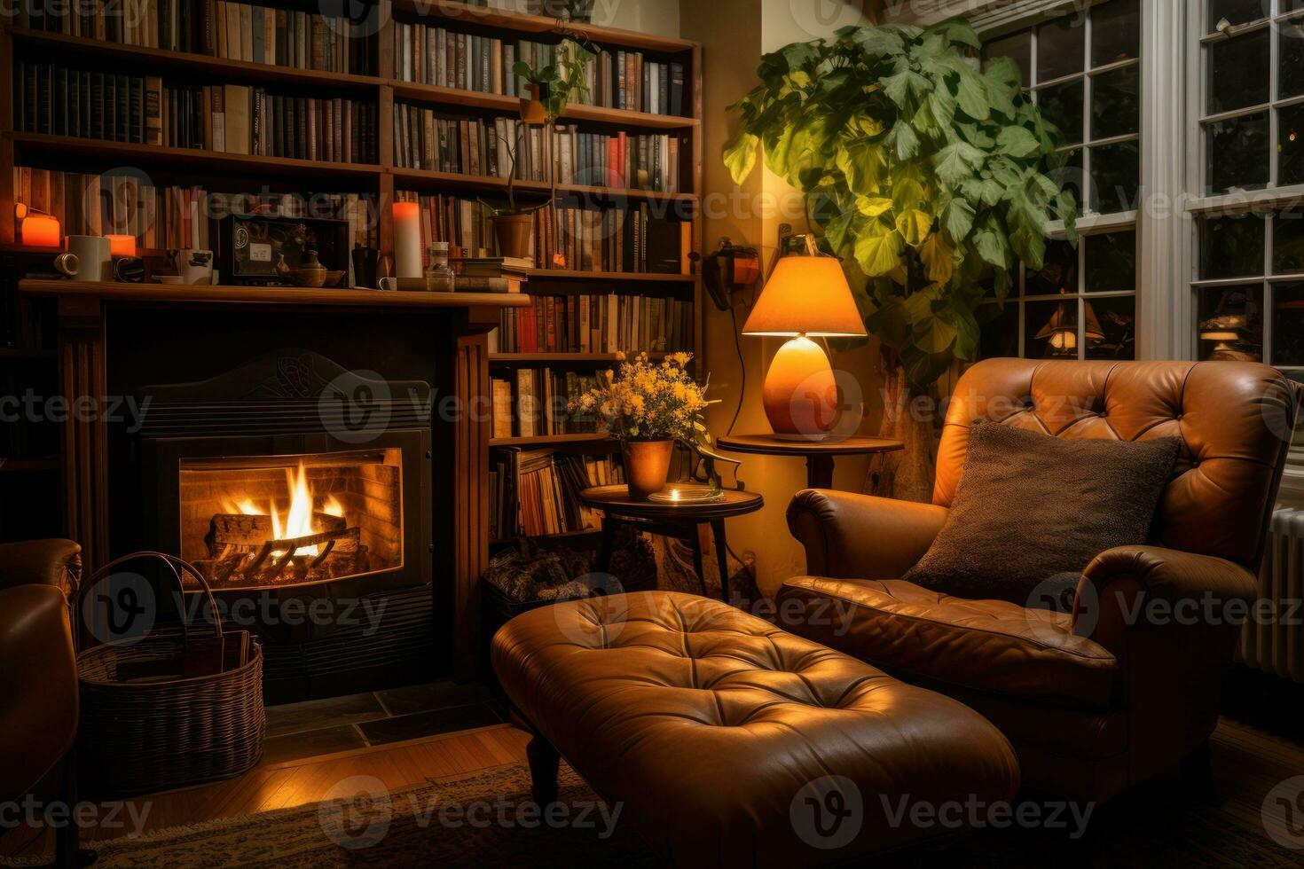 cheminée avec ancien vivant chambre, génératif ai photo