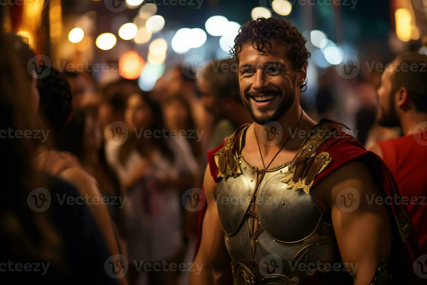 une rue interprète habillé comme une romain gladiateur une photo de une coureur sprint par une ville parc ai génératif