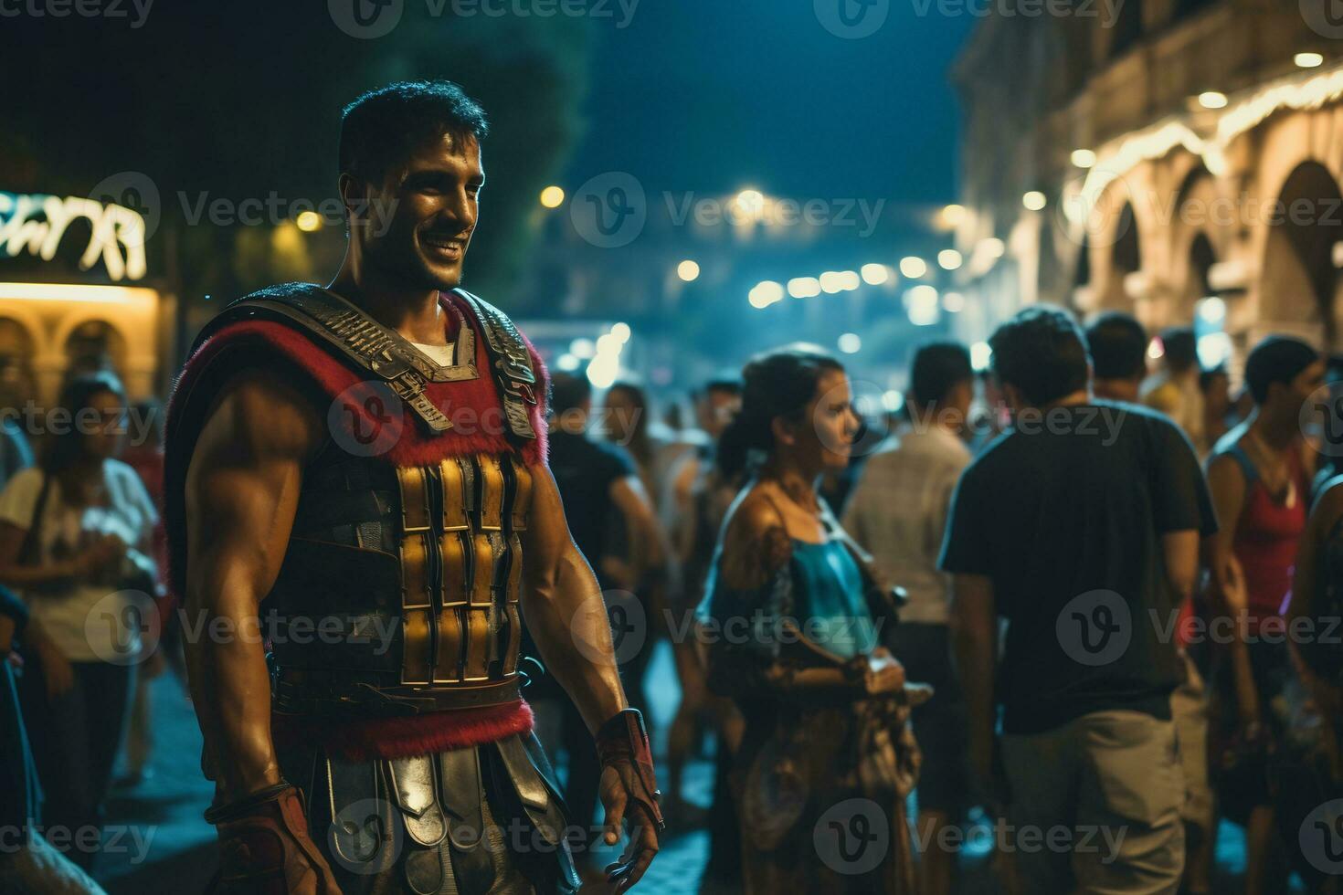 une rue interprète habillé comme une romain gladiateur une photo de une coureur sprint par une ville parc ai génératif