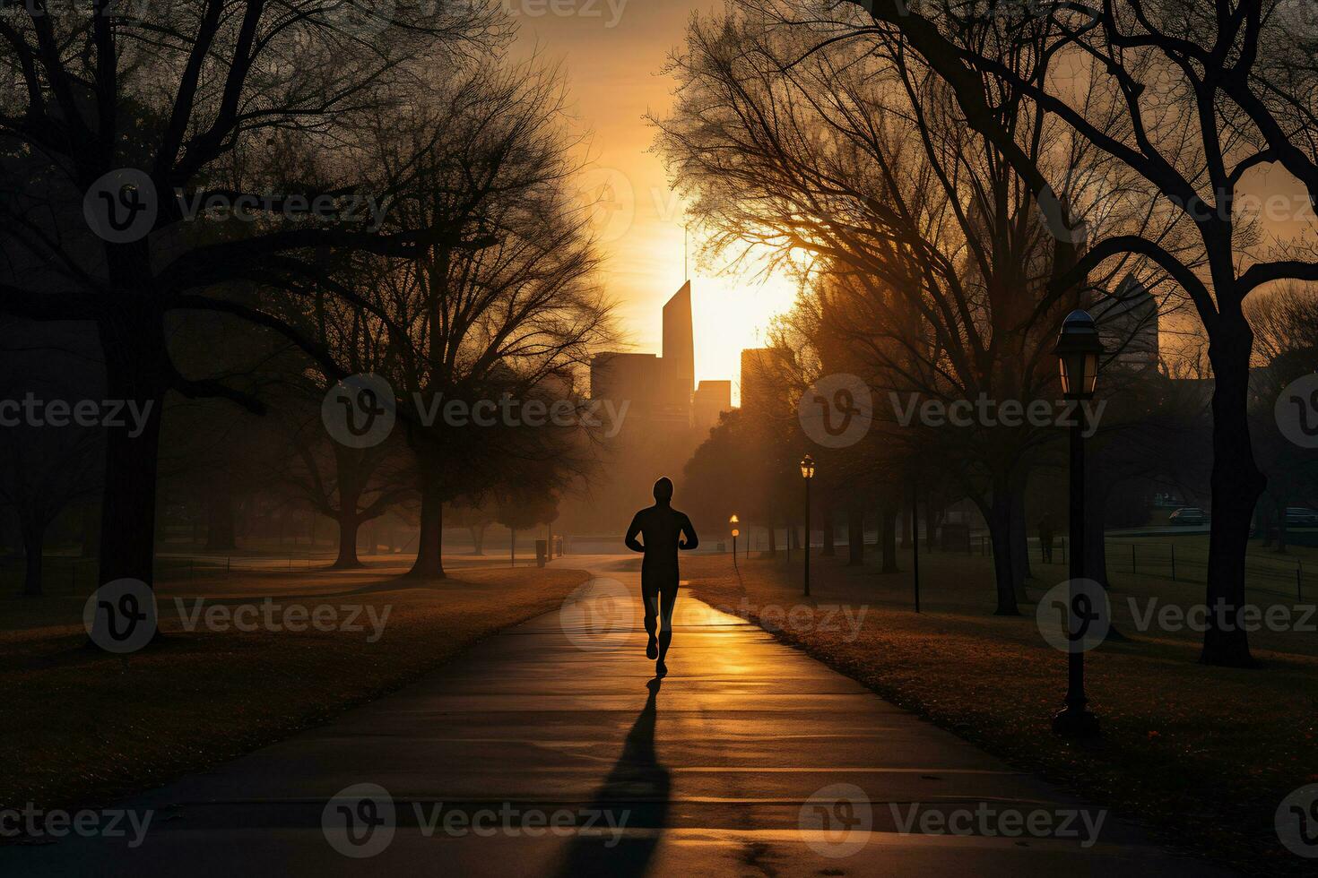 une photo de une coureur sprint par une ville parc ai génératif