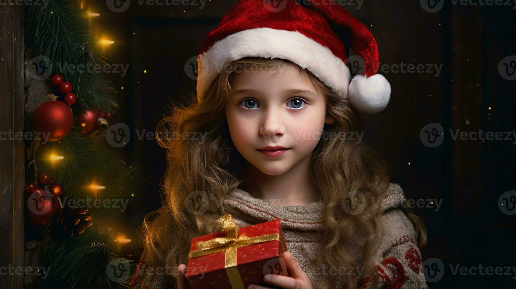 une peu fille détient une cadeau boîte avec une Noël ou Nouveau années cadeau. ai généré photo