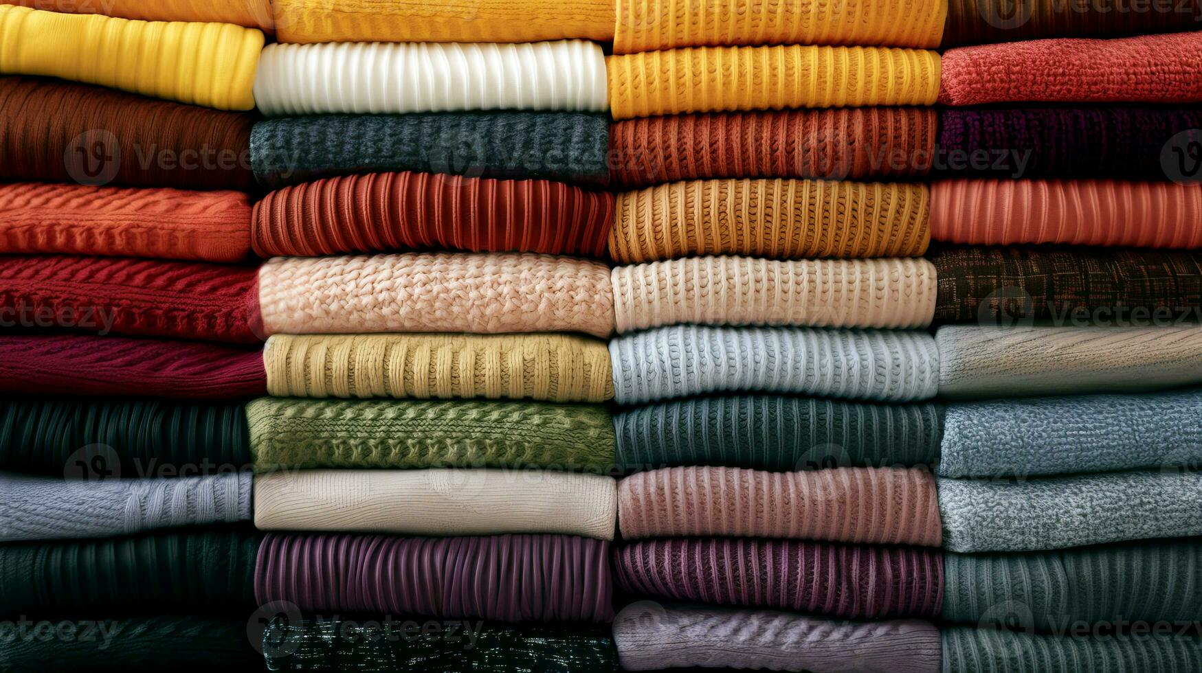 chaud de laine chandails empilés dans une ligne. ai généré. photo