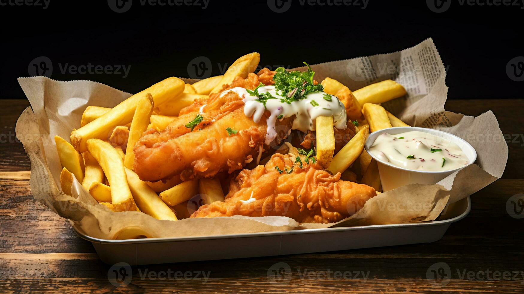 Britanique traditionnel nourriture poisson et frites sur une en bois surface. photo