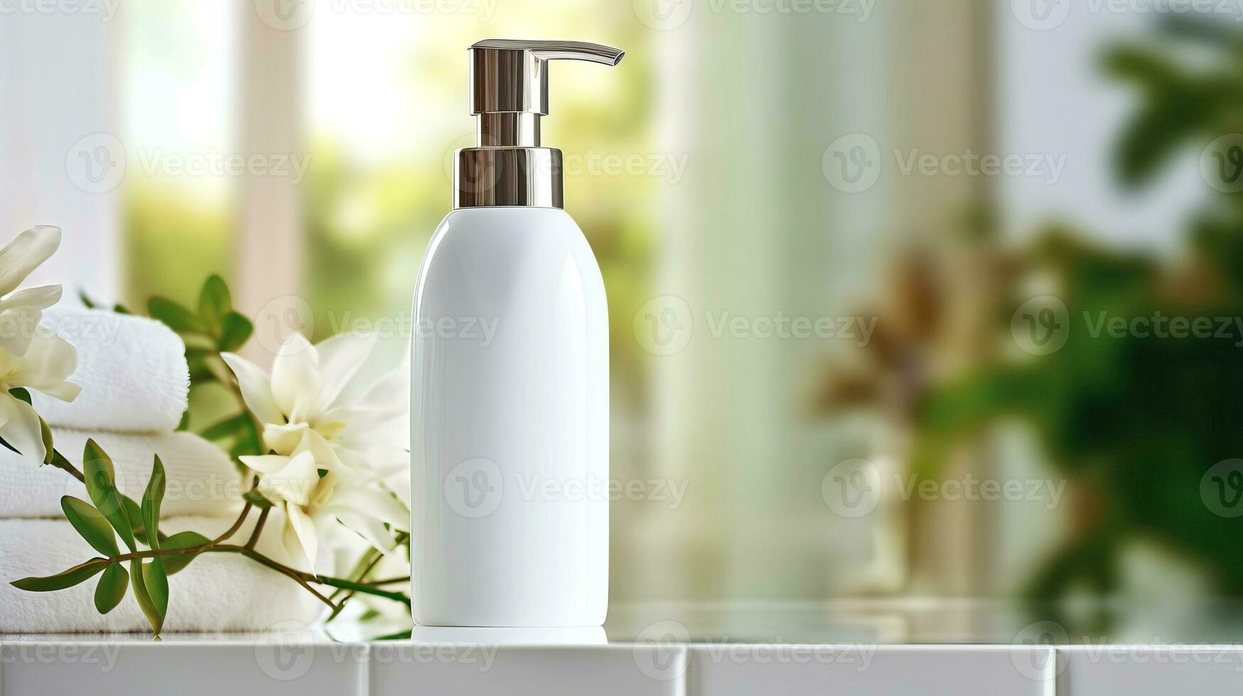 blanc bouteille avec une pompe pour liquide savon dans le intérieur de une Accueil salle de bains. ai généré. photo