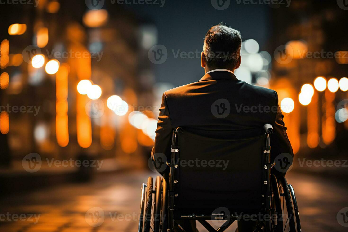 Jeune handicapé homme dans fauteuil roulant dans le rue soir, profiter une marcher en plein air, ai génératif. photo