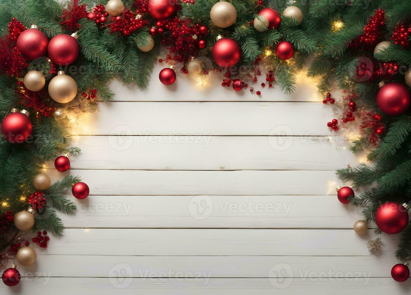 blanc en bois texture avec Noël ornement des balles et pin arbre décoration Cadre avec espace de copie. ai généré photo