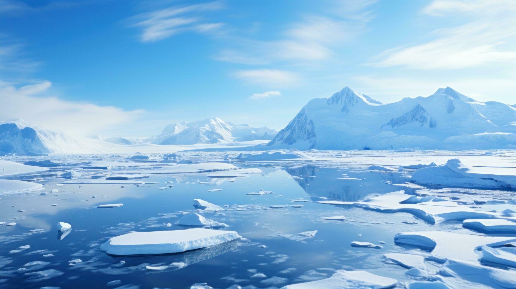 neigeux montagnes réfléchi dans calme l'eau autour la glace banquise photo