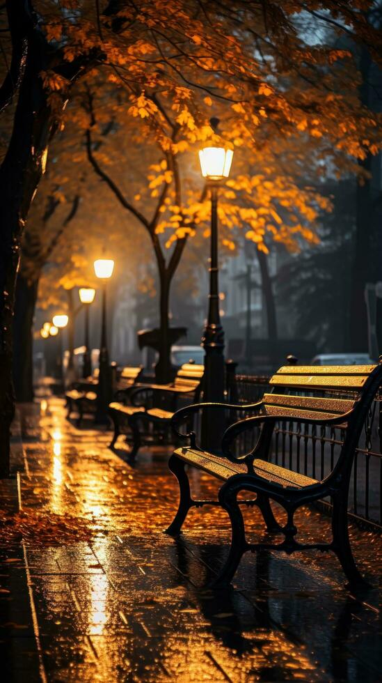 une banc est séance en dessous de certains parapluies sur une trottoir dans une pluie torrentielle photo