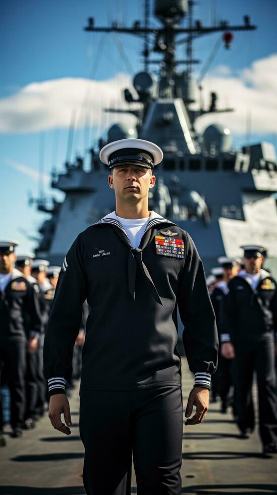 naval navire avec marins sur plate-forme dans uniforme photo