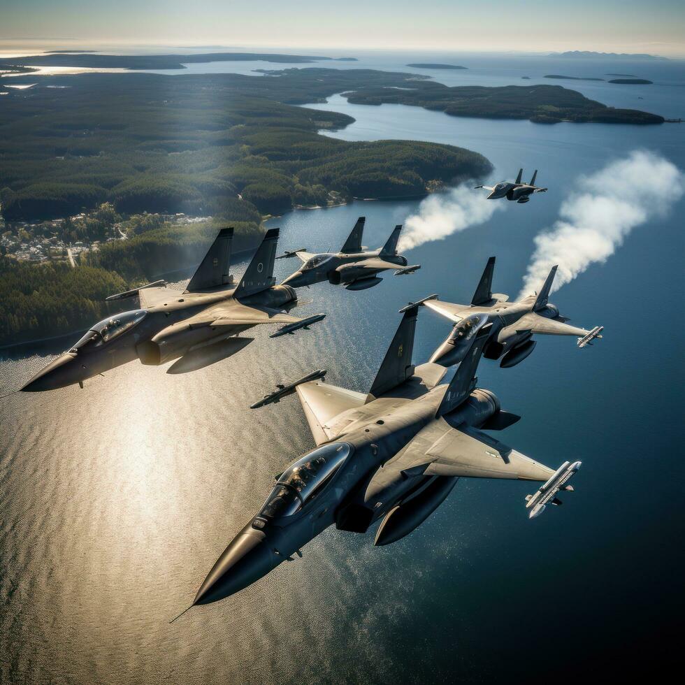 combattant jets en volant dans formation plus de le océan photo