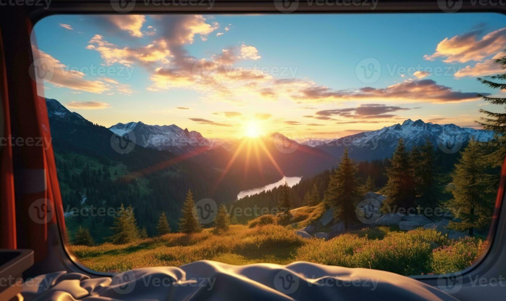 magnifique vue de serein Montagne paysage de à l'intérieur une campeur un camion ai généré photo