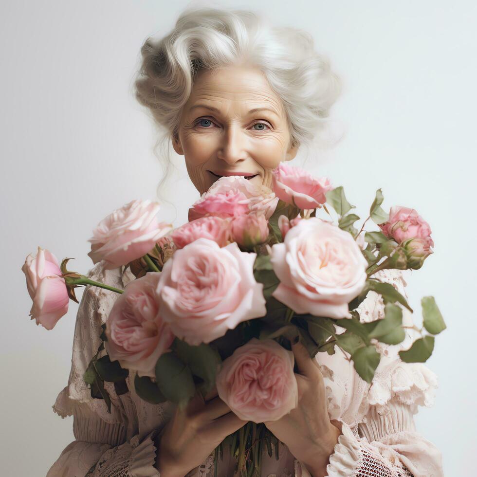 magnifique cottagecore victorien grand-mère en portant rose des roses aquarelle clipart , ai généré, ai généré photo