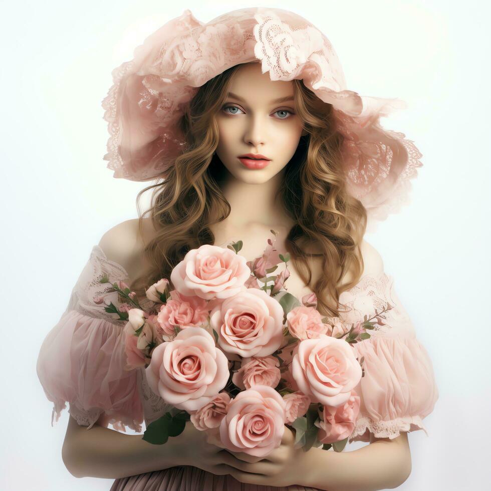magnifique cottagecore victorien fille en portant rose des roses aquarelle clipart illustration, ai généré, ai généré photo