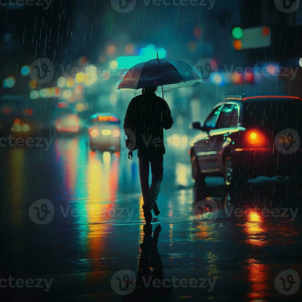 pe en marchant homme pluie, génial, couleur parapluie voiture soir foncé effarouchement de la ville laser lumière flou. ai génératif photo