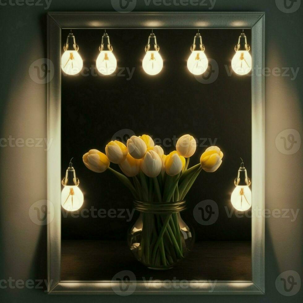 pansement chambre, là est une miroir illuminé avec tulipe ampoules. cette idée aide à enregistrer énergie comme elles ou ils sont a faible consommation électrique ampoules, lequel émettre brillant lumière et fournir une sens. ai génératif photo