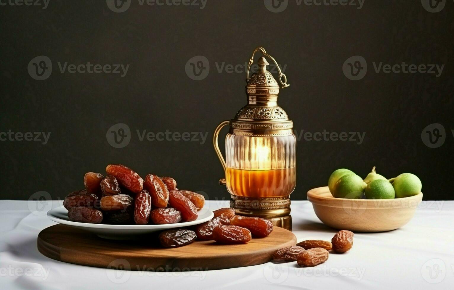 dessus de la table image de Ramadan kareem décoration, Rendez-vous fruit, Aladdin lampe, et chapelet perles sur foncé pierre Contexte. copie espace dans une plat poser. ai génératif photo