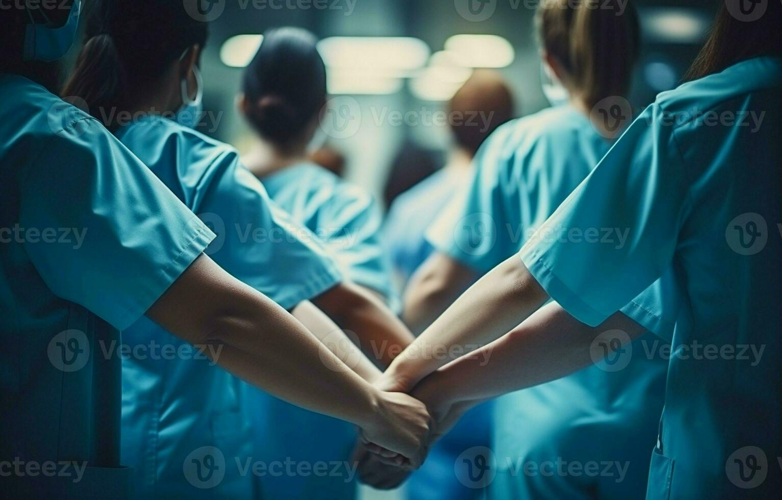 médecins et infirmières travail dans une groupe à coordonner mains. concept travail et confiance dans une équipe sont essentiel pour Succès dans une hôpital. ai génératif photo