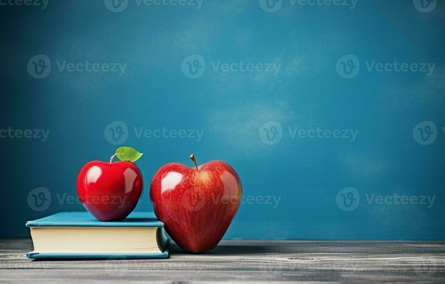 le concept de enseignants journée. sur le table sont des stylos, un pomme, des crayons, livres, et lunettes. copie espace, retour à école. ai génératif photo