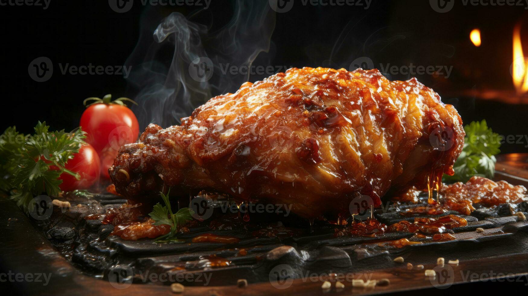 rôti poulet jambe avec sauce sur une noir arrière-plan, fermer ai généré. photo