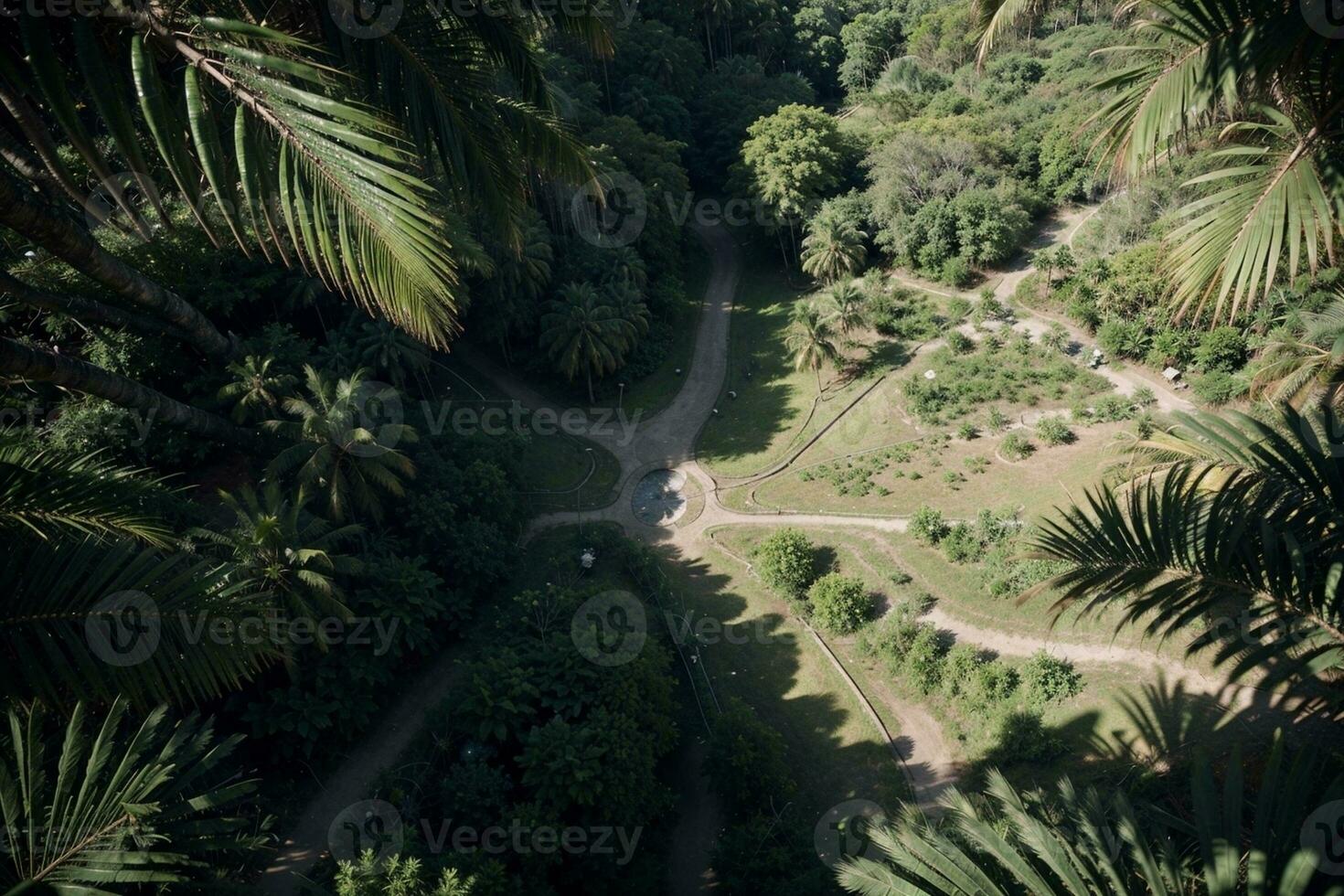 enchanteur jungle aérien vue de une vert paradis avec paume feuilles. ai généré. photo