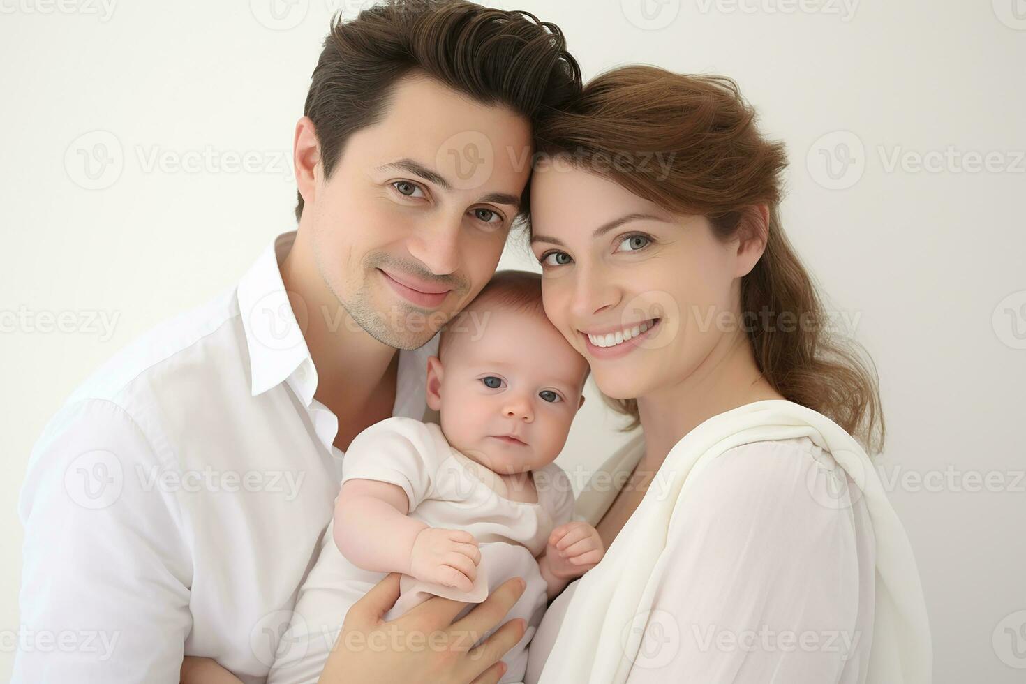 ai généré studio portrait de magnifique Parents avec bébé bébé en portant sur mains sur différent couleurs Contexte photo