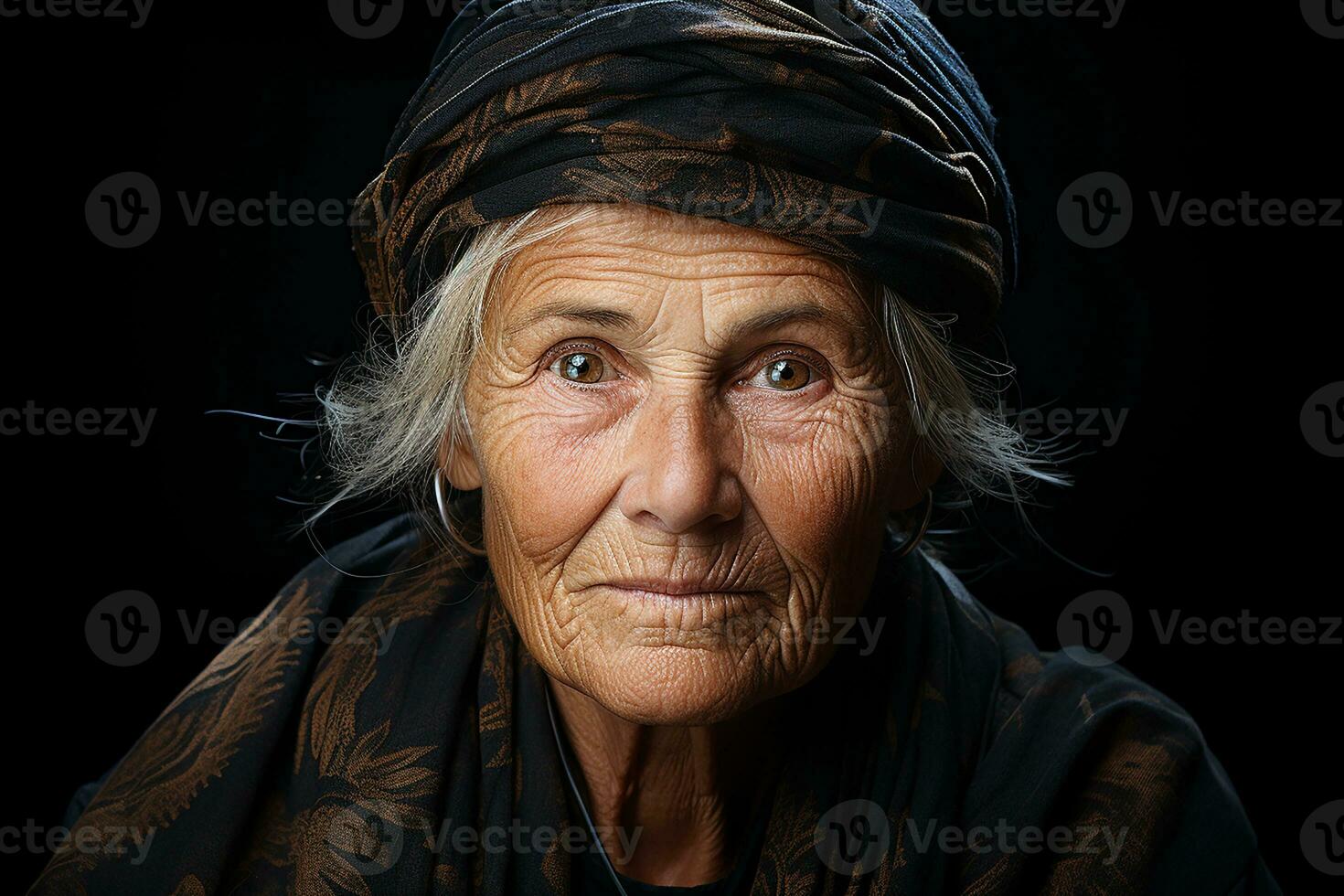 ai généré studio portrait de branché vieux personnes âgées femme sur différent Couleur Contexte dans des lunettes et écouteurs photo