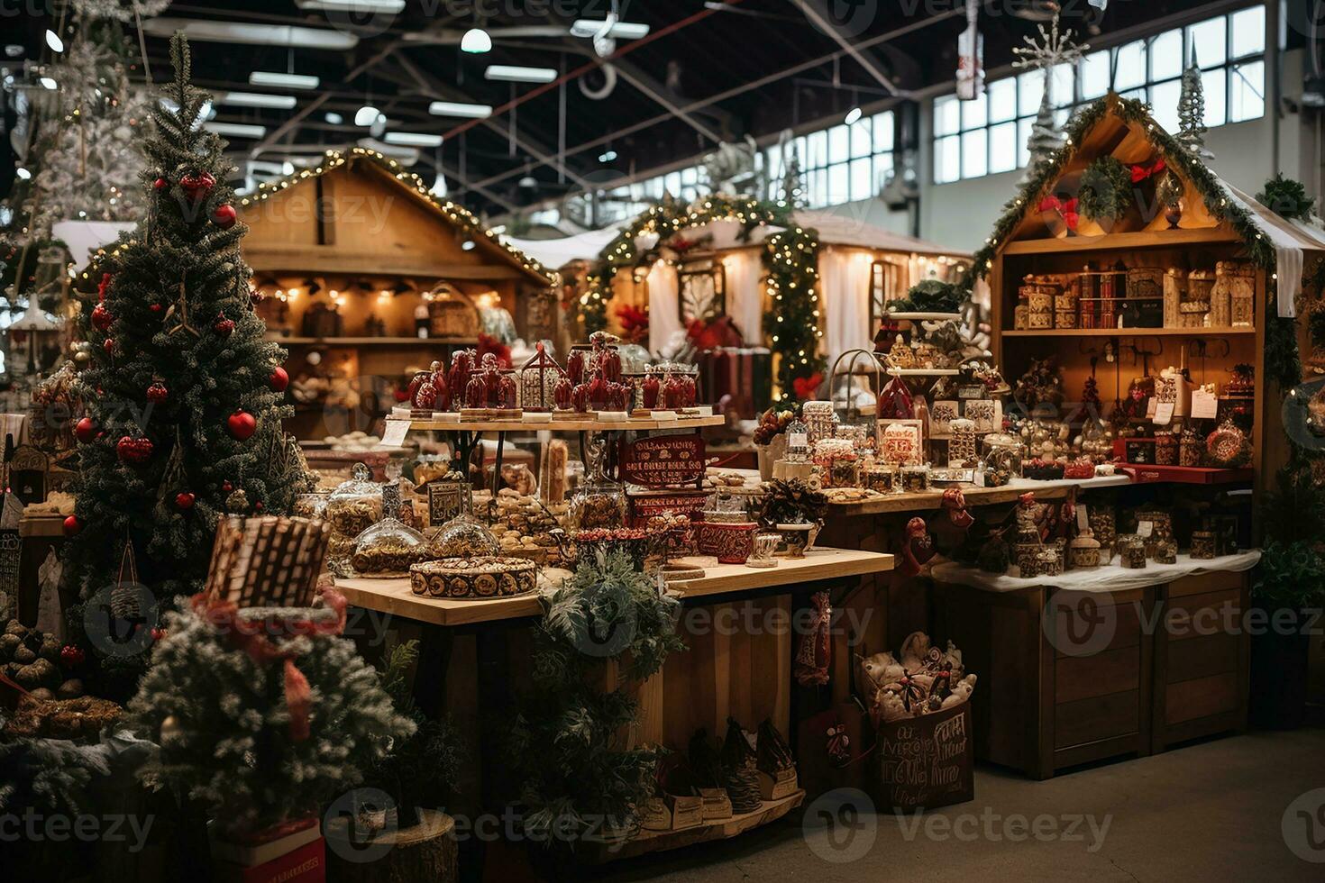 ai généré image de Noël fête arbre dans moderne et classique conception dans le rue et la nature et intérieur photo