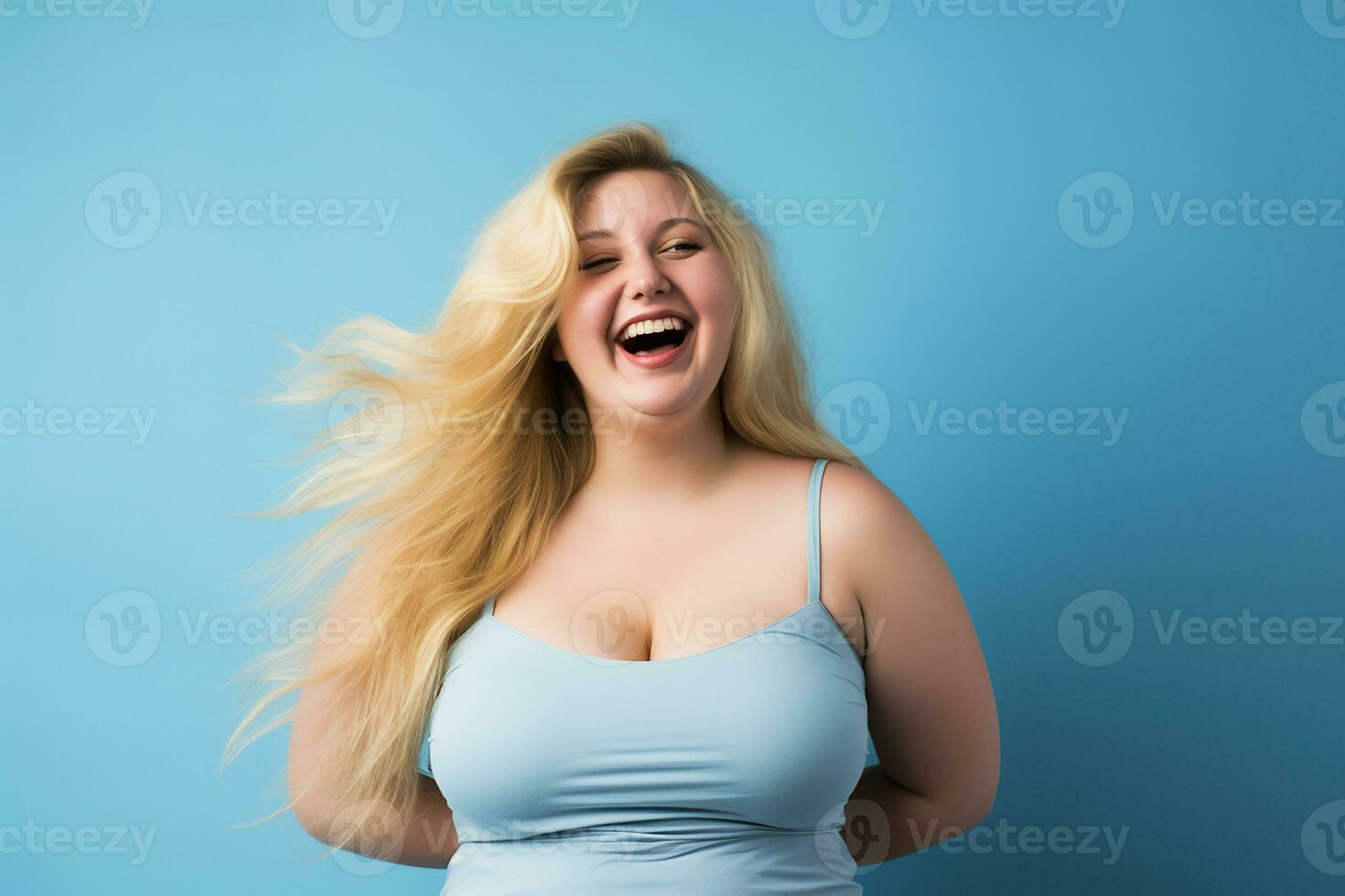 ai généré studio portrait de magnifique graisse surpondéré femme sur différent Couleur Contexte photo