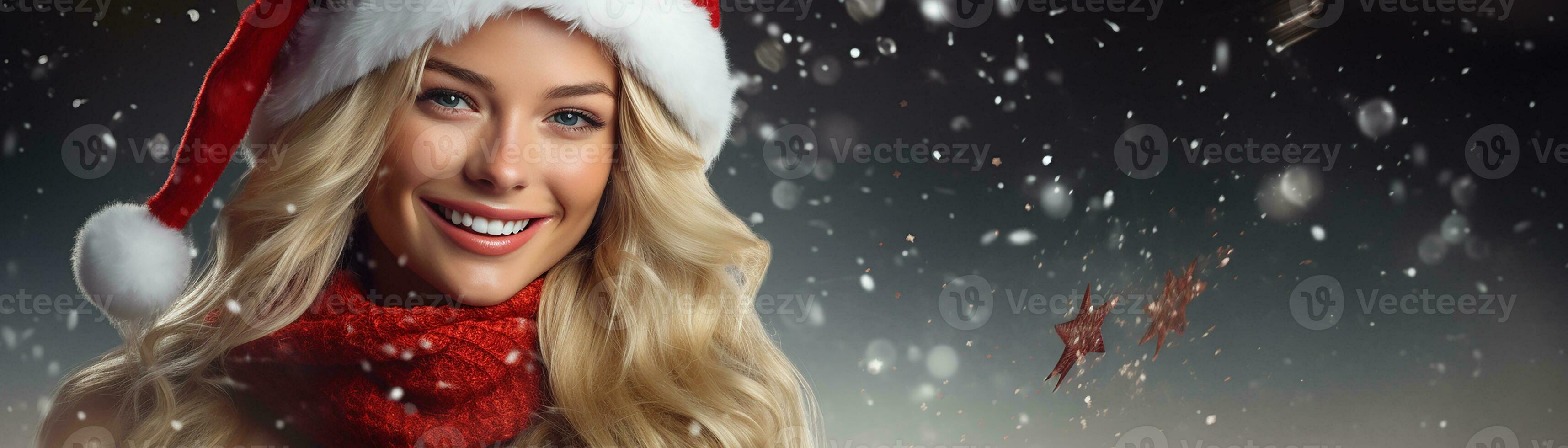 ai généré portrait de magnifique souriant femme dans Père Noël claus portant photo