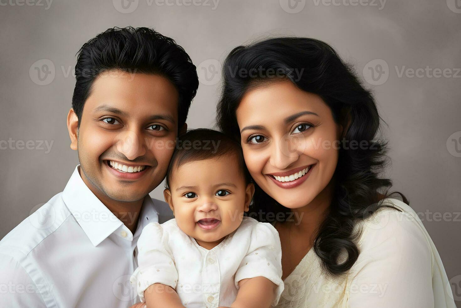 ai généré studio portrait de magnifique Parents avec bébé bébé en portant sur mains sur différent couleurs Contexte photo