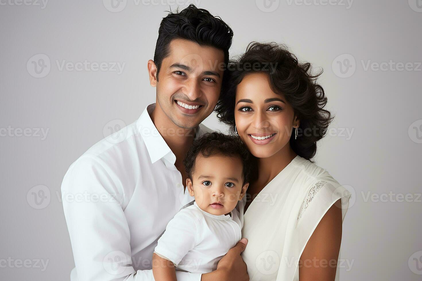 ai généré studio portrait de magnifique Parents avec bébé bébé en portant sur mains sur différent couleurs Contexte photo