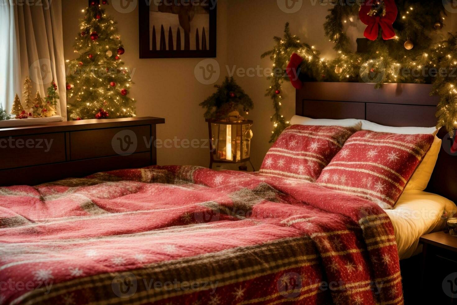 confortable Noël à thème couvre-lits création une chaud et attrayant atmosphère. ai généré. photo