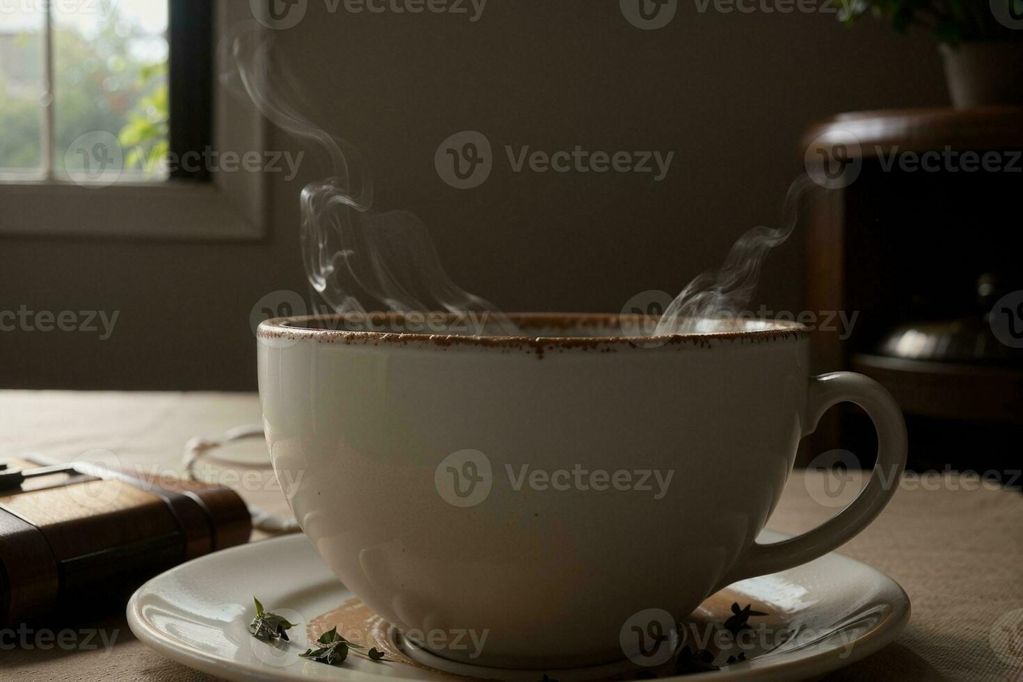 une captivant proche en haut fumant tasse de thé par Jeanne forgeron. ai généré. photo