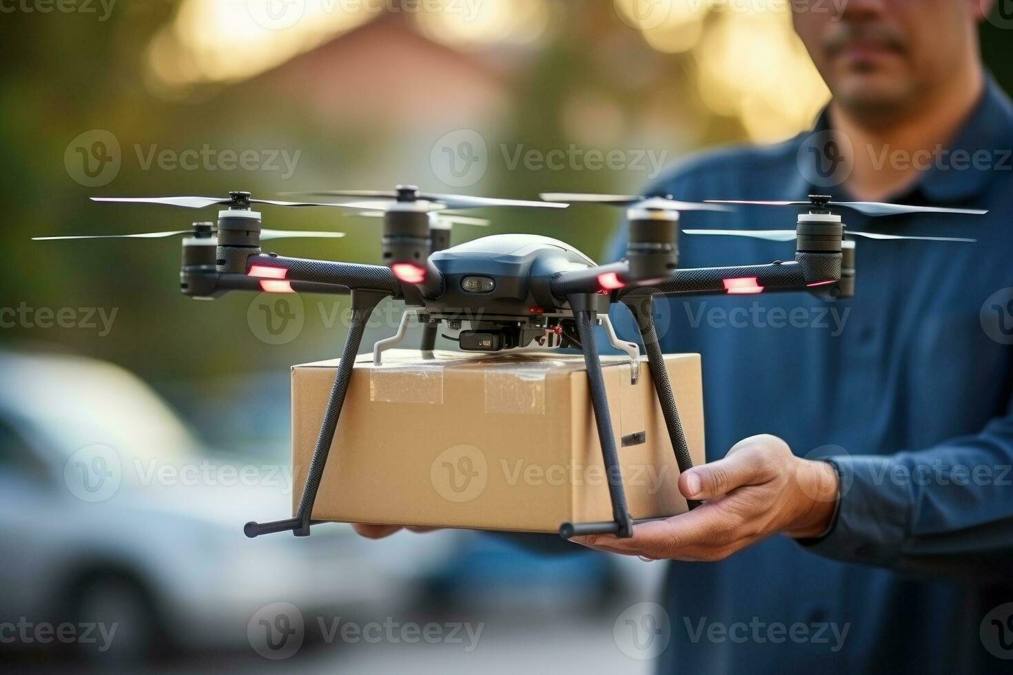 le drone est levage une paquet et navettes par Urbain quartiers pour livraison. génératif ai photo