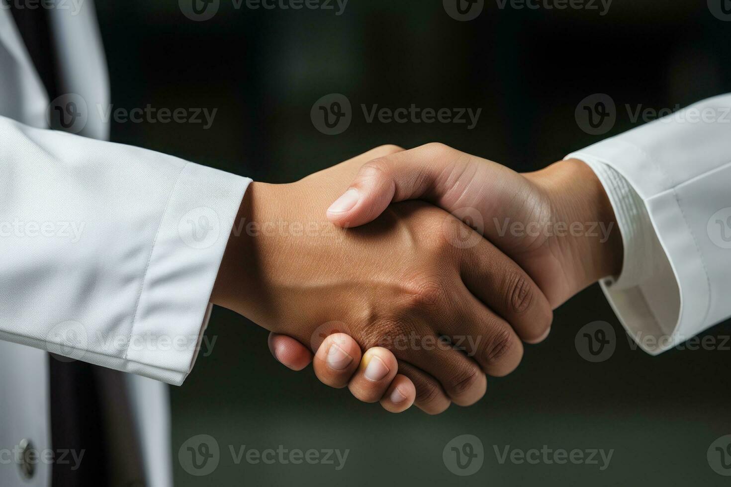 fermer sur une médical Assurance agent salutation une médecin avec une poignée de main. génératif ai photo