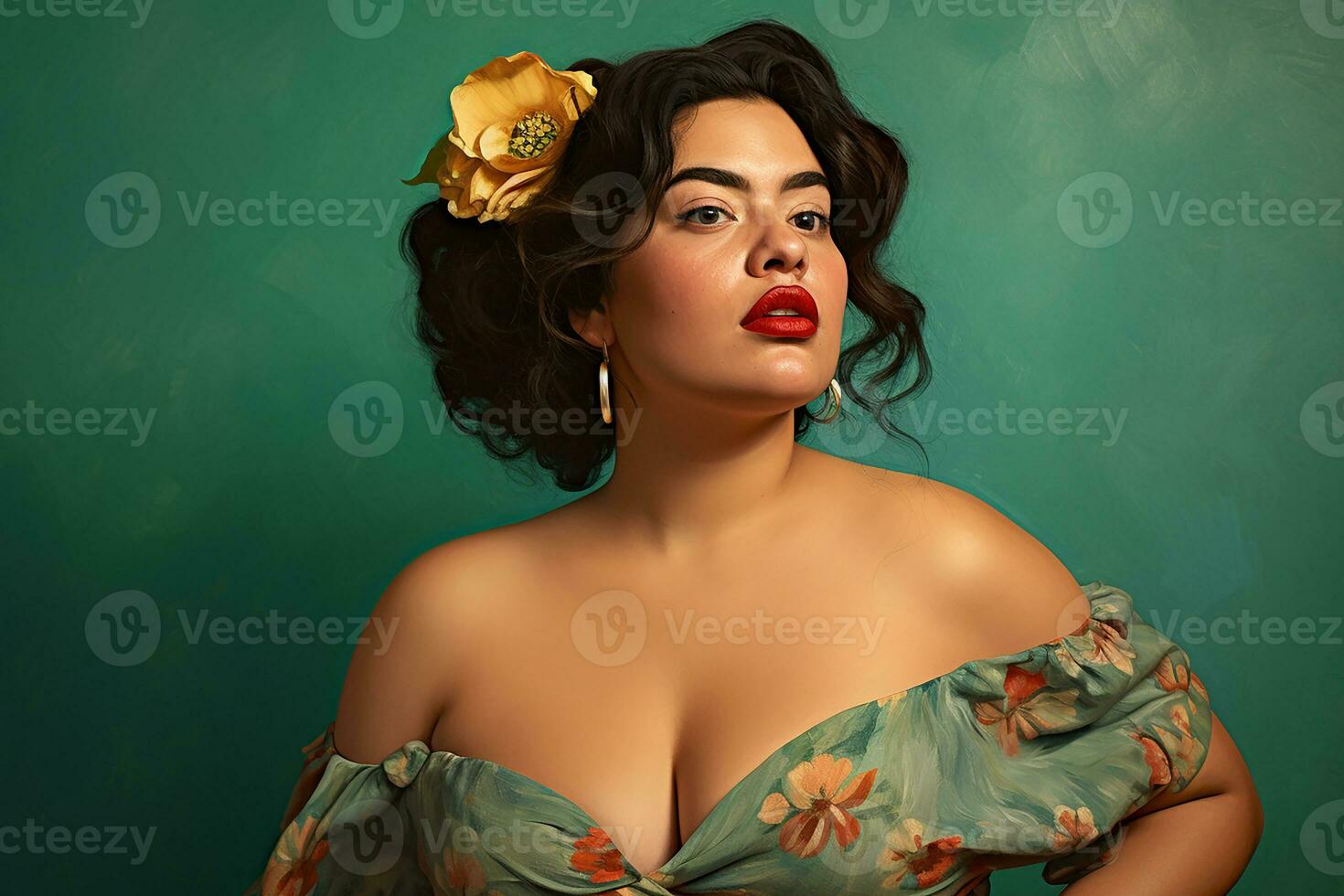 ai généré studio portrait de magnifique graisse surpondéré femme sur différent Couleur Contexte photo